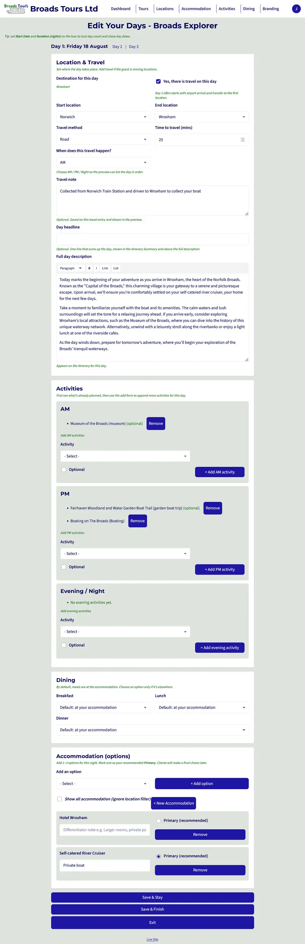 The whole day editor on one page: location and travel, the day's description, activities for morning, afternoon and evening, dining, and accommodation options
